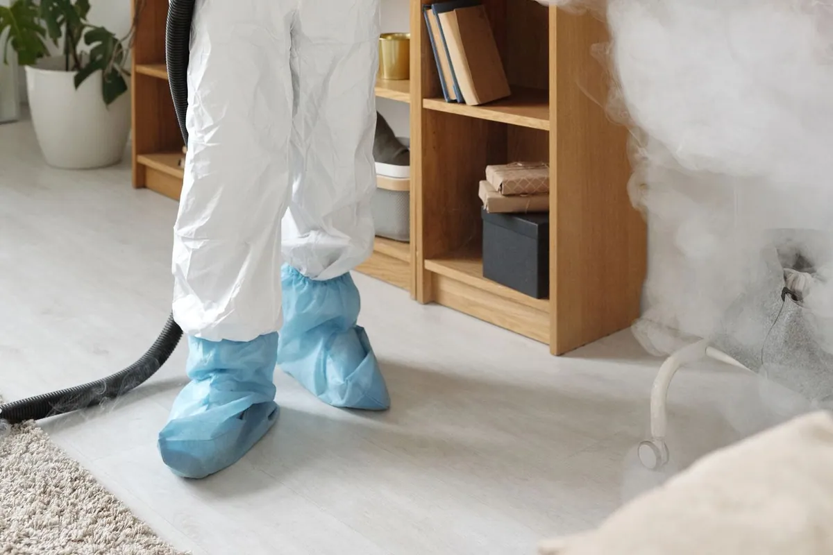 Restoration technician in gloves treating soot on an overhead surface